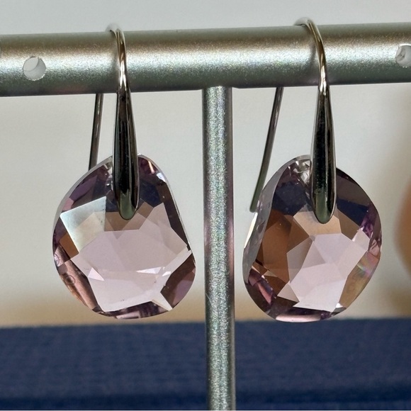 Authentic Swarovski Galet Cut Soft Purple Rhodium Plated Fish Hook Drop Earrings - Picture 3 of 15